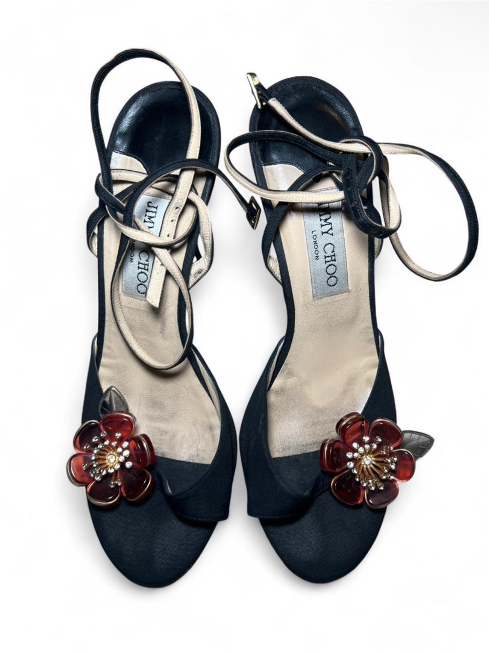 Vintage Jimmy Choo Floral Black Strappy Heels